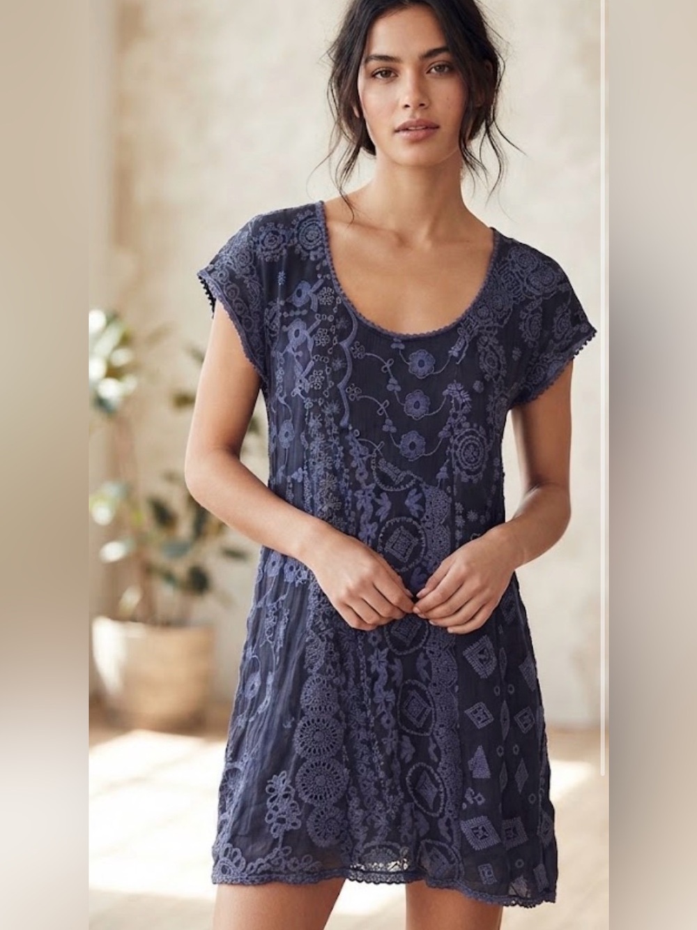 Johnny Was Blue embroidery Cupro Rayon Short Sleeve Tunic Mini Dress size L